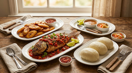 Afro-fusion catering spread with fish, plantains, sauces, and white fufu.
