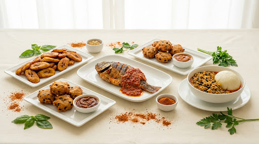 Premium Beninese catering spread arranged on white platters.