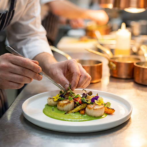 Chef hands garnishing a plated dish with herbs and edible flowers.