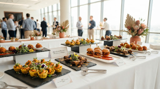 Corporate catering buffet with appetizers arranged on a bright white table.