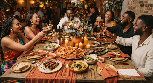 Joyous private celebration dinner table with Afro-fusion dishes and candlelight.